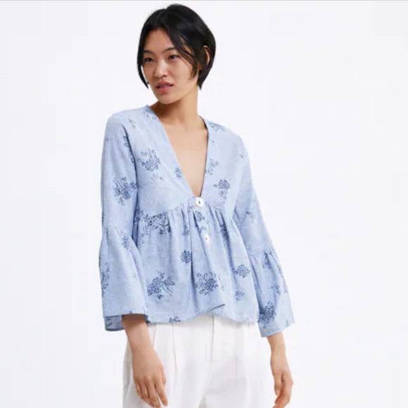 Zara | Tops | Nwt Zara Blue Pattern Blouse | Poshmark
